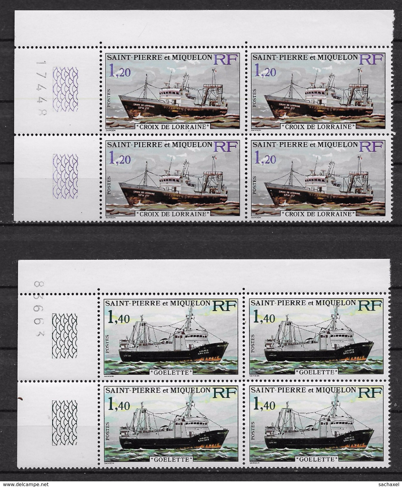 1976 Saint Pierre Et Miquelon  N° 453 454   Nf**. MNH . (bloc De 4  Bdf Numéroté)   Bateaux  De Pëche - Neufs