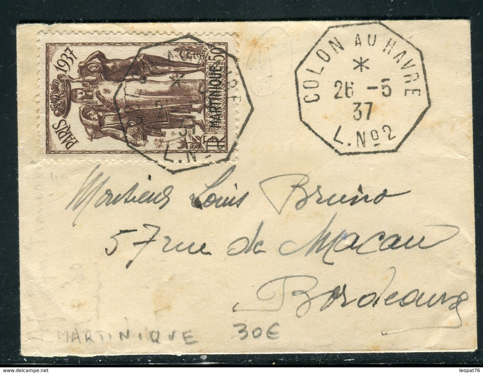 France / Martinique - Obli. Maritime Sur Petite Enveloppe ( Format Carte De Visite ) En 1937 Pour Bordeaux -  Ref  J 23 - Brieven En Documenten