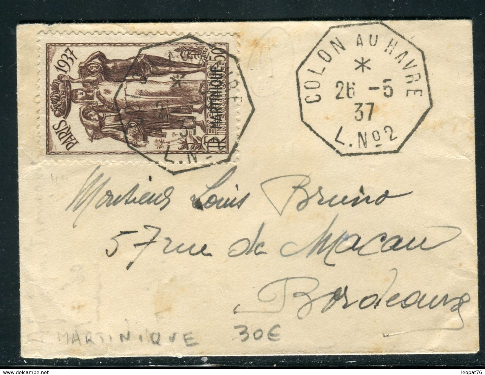 France / Martinique - Obli. Maritime Sur Petite Enveloppe ( Format Carte De Visite ) En 1937 Pour Bordeaux -  Ref  J 23 - Lettres & Documents