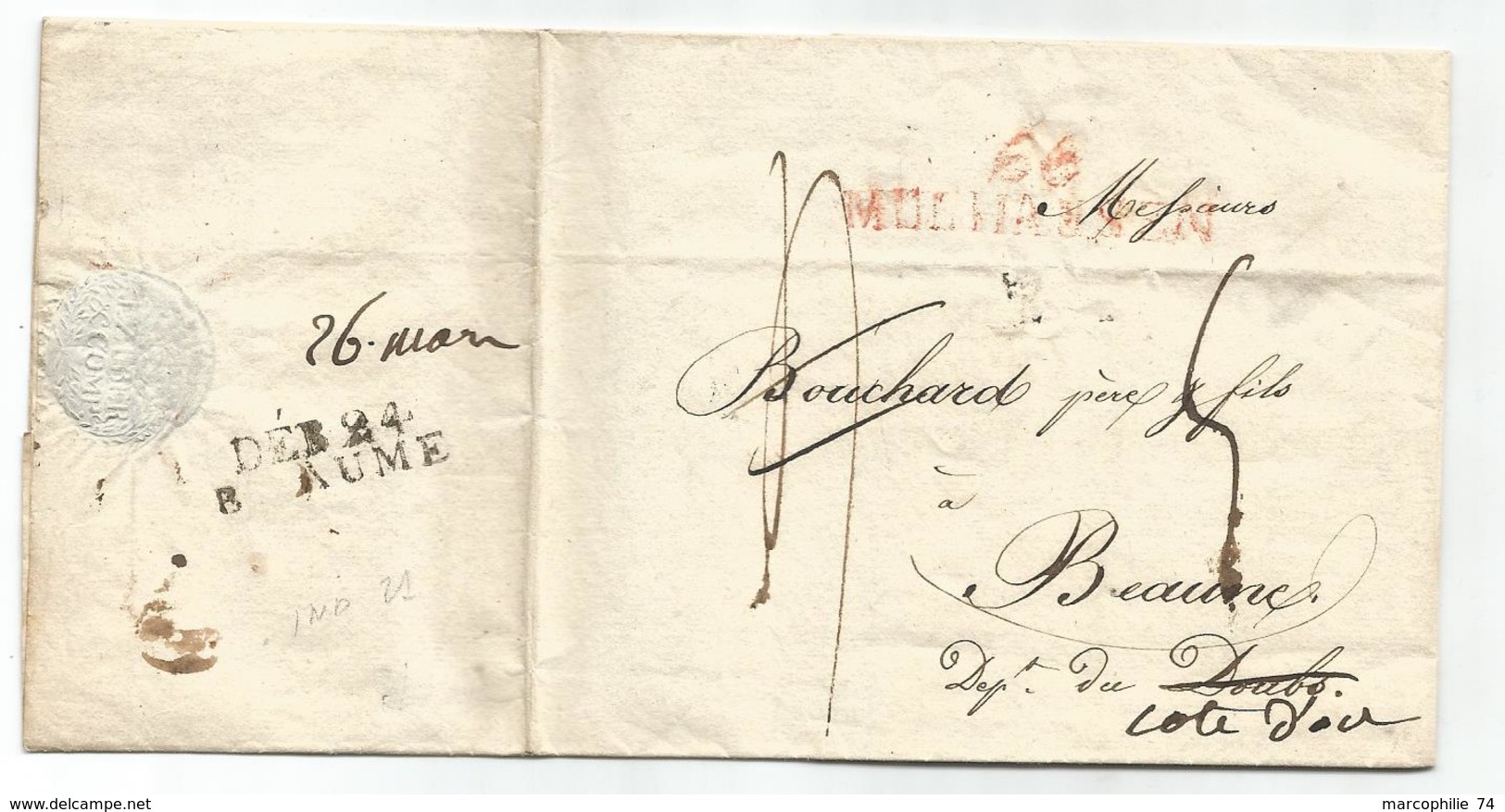 DOUBS MARQUE DEB 24 B AUME 1817 LETTRE 66 MULHAUSEN RARE COTE 450&euro; - 1801-1848: Precursors XIX