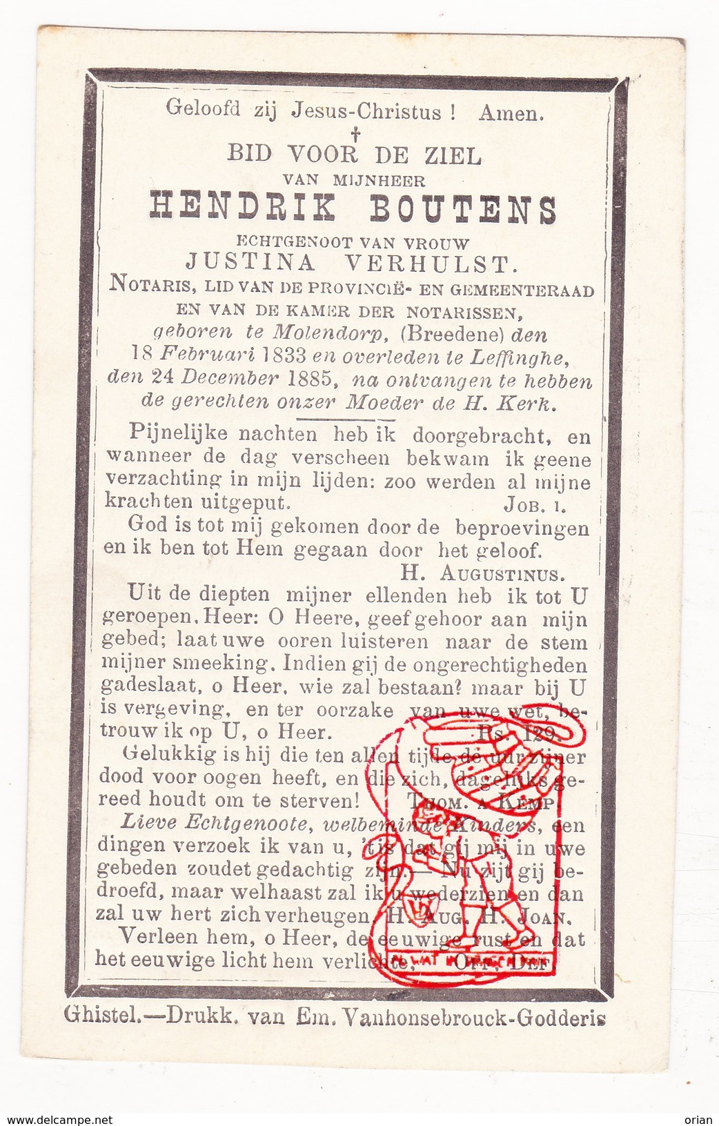 DP Hendrik Boutens ° Molendorp Bredene 1833 &dagger; Leffinghe Leffinge Middelkerke 1885 X Justina Verhulst - Images Religieuses