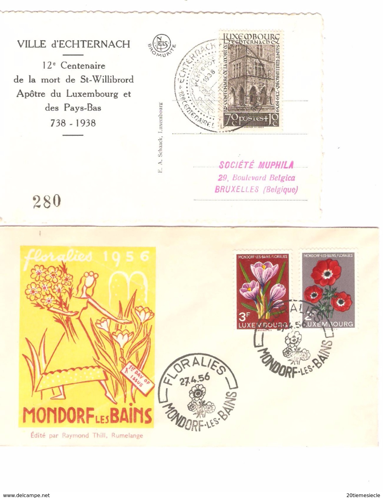 Grand Duché De Luxembourg FDC 1956 TP Fleurs Mondorf Les Bains&Echternach 1938 Mort De St.Willibrord AP1071 - FDC