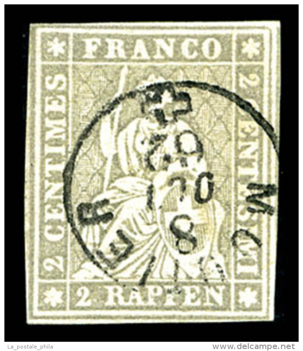 O N&deg;25, Helvetia, 2 R Gris, Grande Fra&icirc;cheur, TTB (sign&eacute;/certificat)   Cote: 450 Euros  ... - 1843-1852 Federal & Cantonal Stamps