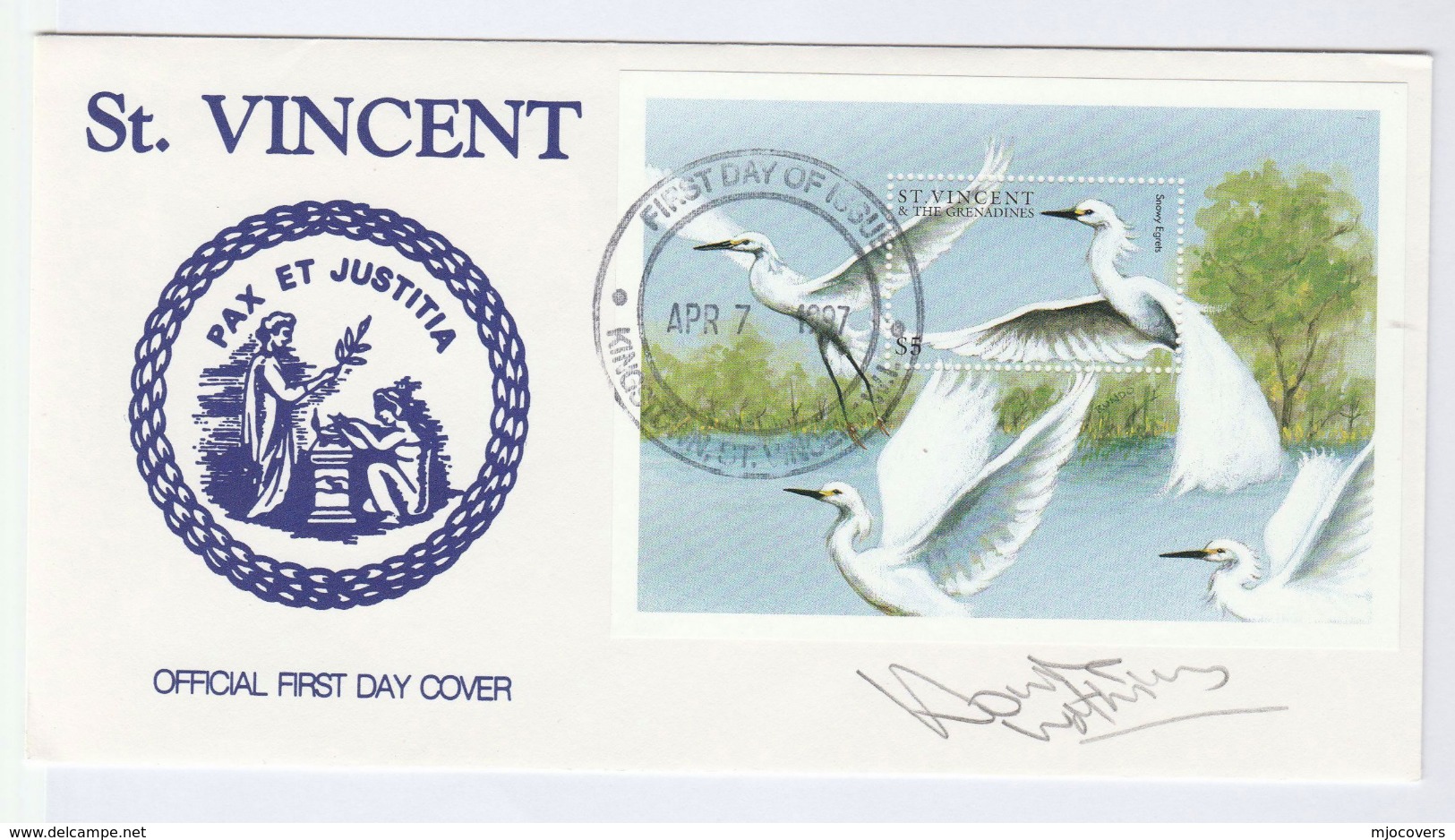 1997 V Ltd Edition SIGNED FDC St Vincent EGRET Miniature Sheet By HOWIE WATKINS Birds Heron Bird Stamps  Tv Broadcasting - St.Vincent (1979-...)