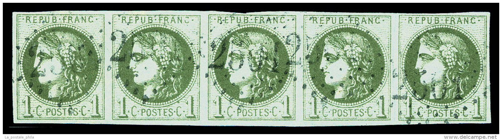 O N&deg;39Ba, 1c Olive-fonc&eacute;, Bande De Cinq Oblit&eacute;ration Gros Chiffres, TTB (sign&eacute;... - 1870 Uitgave Van Bordeaux