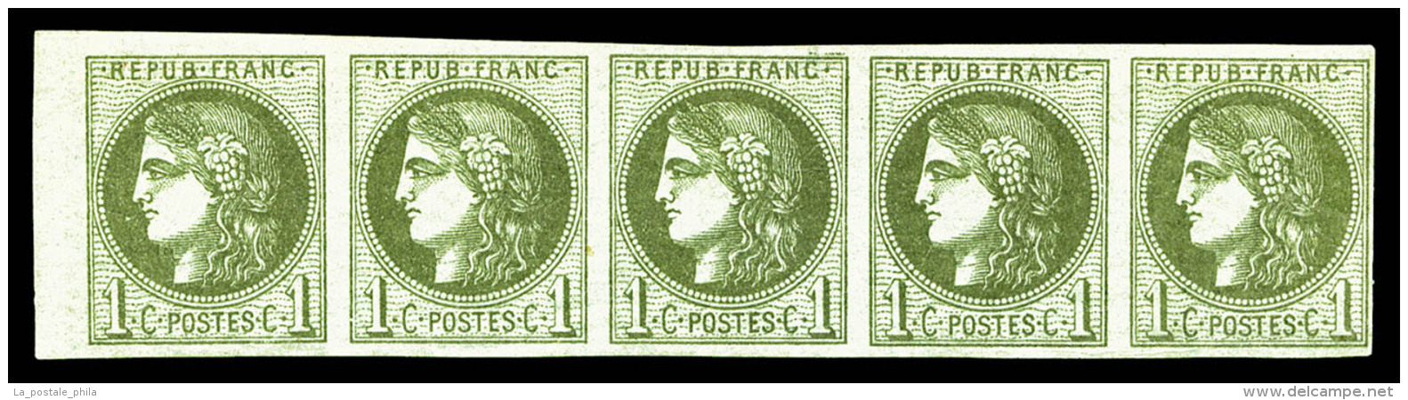 ** N&deg;39A, 1c Olive En Bande De Cinq, (3 Ex*), Bord De Feuille Lat&eacute;ral, Superbe (certificat)    ... - 1870 Emisión De Bordeaux