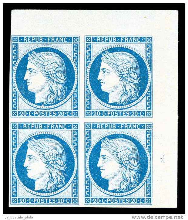 * N&deg;37f, 20c Bleu IMPRESSION DE GRANET Non Dentel&eacute; En Bloc De Quatre Coin De Feuille, SUPERBE... - 1870 Beleg Van Parijs