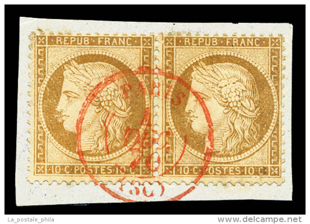 O N&deg;36, 10c Bistre En Paire Obl Paris/SC Rouge Du 4 Dec 70 Sur Son Support. SUP (certificat)    ... - 1870 Beleg Van Parijs