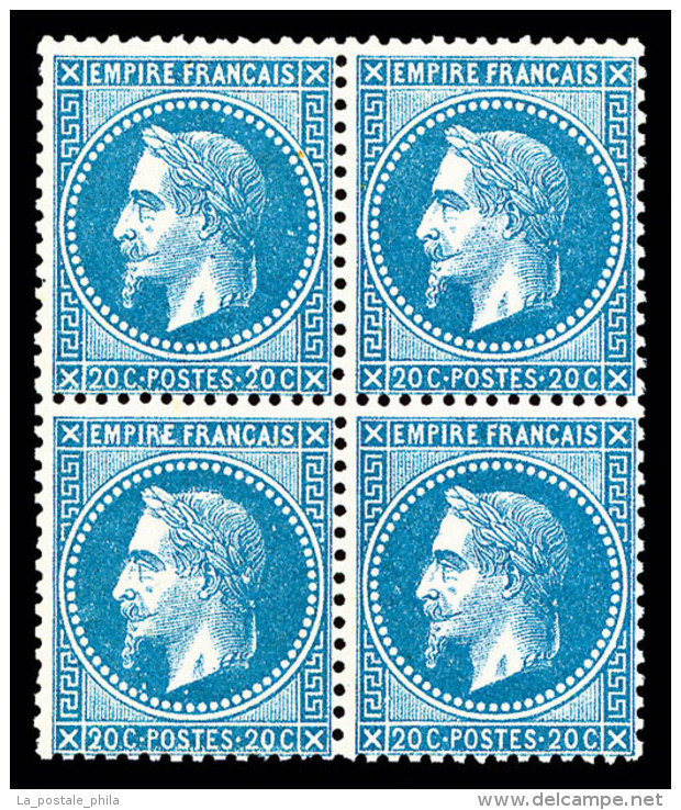 ** N&deg;29B, 20c Bleu Type II En Bloc De Quatre, FRA&Icirc;CHEUR POSTALE, SUPERBE (certificat)     ... - 1863-1870 Napoleone III Con Gli Allori
