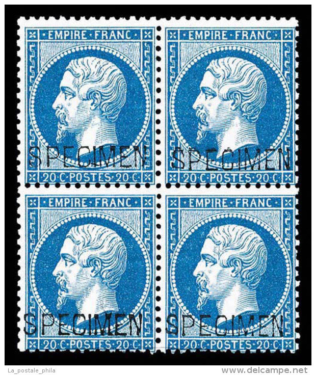 ** N&deg;22d, 20c Bleu En Bloc De Quatre Surcharg&eacute; 'SPECIMEN', FRA&Icirc;CHEUR POSTALE, RARE ET SUPERBE... - 1862 Napoleone III