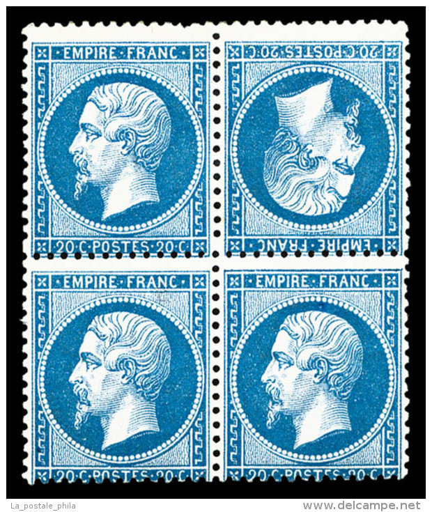 * N&deg;22b, 20c Bleu, T&ecirc;te-b&ecirc;che Tenant &agrave; Normaux Dans Un Bloc De Quatre (1ex**), RARE Et... - 1862 Napoléon III.