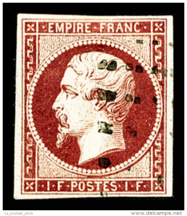 O N&deg;18a, 1F Carmin Fonc&eacute; Obl Gros Points, Restaur&eacute;, Belle Pr&eacute;sentation (certificat)  ... - 1853-1860 Napoléon III