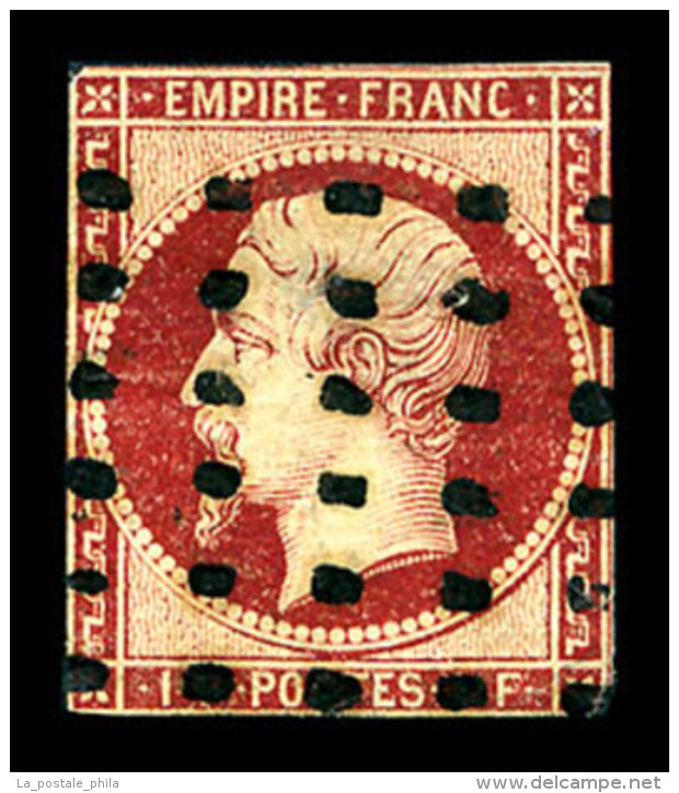 O N&deg;18, 1f Carmin Oblit&eacute;ration Gros Points Carr&eacute;s, Defectueux (certificat)   Cote: 3500 Euros  ... - 1853-1860 Napoleon III