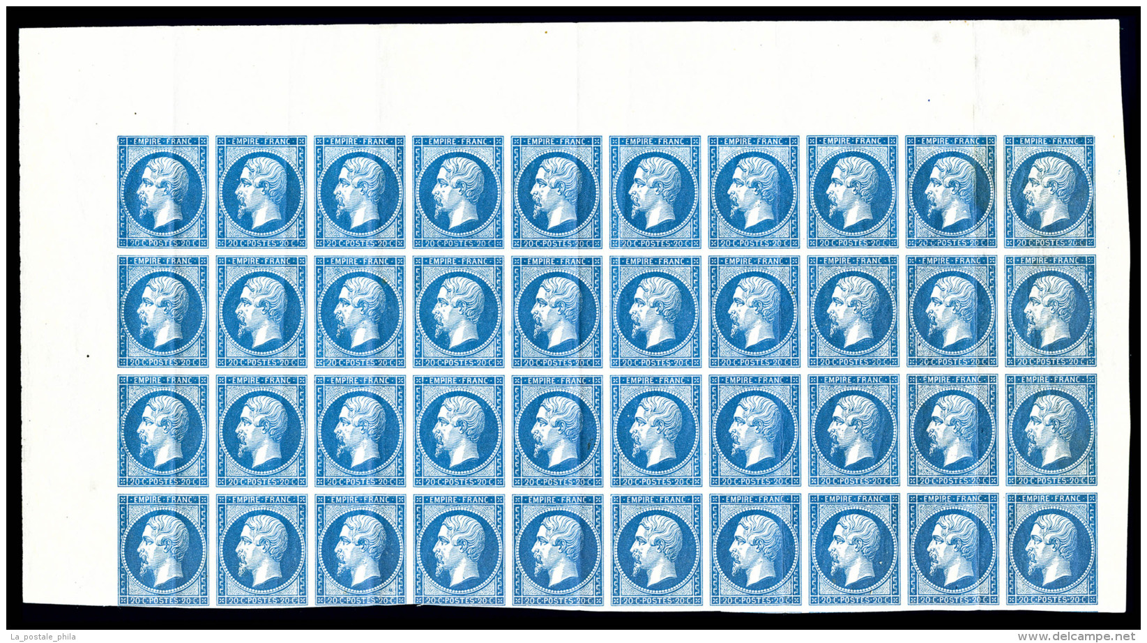 ** N&deg;14B, 20c Bleu Type II En Panneau De 40 Exemplaires Haut De Feuille, Quelques Plis Verticaux Sans... - 1853-1860 Napoleon III