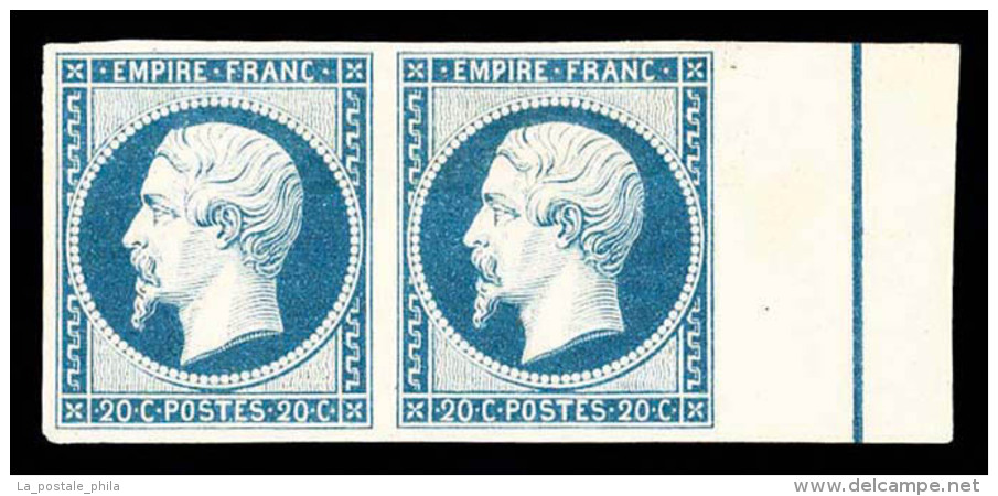 (*) N&deg;14Ai, 20c Bleu Laiteux En Paire Bord De Feuille Lat&eacute;ral Avec Filet D'encadrement, SUP... - 1853-1860 Napoleon III