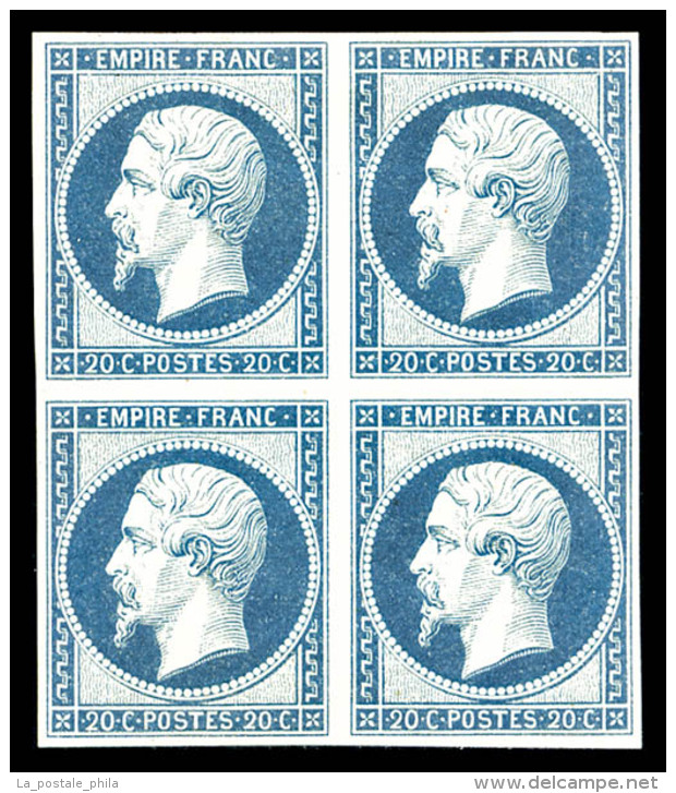 ** N&deg;14Af, 20c Bleu Laiteux Type I En Bloc De Quatre (2 T*), Fra&icirc;cheur Postale, SUP (sign&eacute;... - 1853-1860 Napoleon III