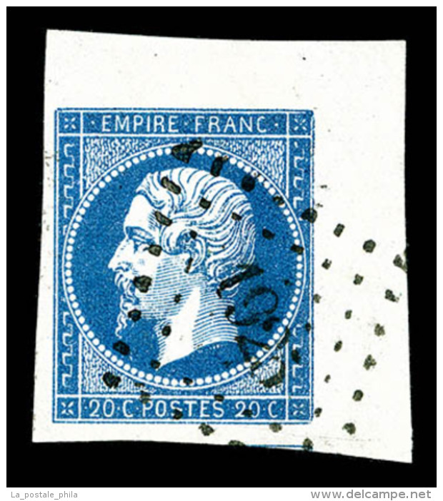 O N&deg;14A, 20c Bleu Type I Coin De Feuille, Obl PC '1925' Leg&egrave;re, Pi&egrave;ce Choisie, SUP (sign&eacute;... - 1853-1860 Napoléon III