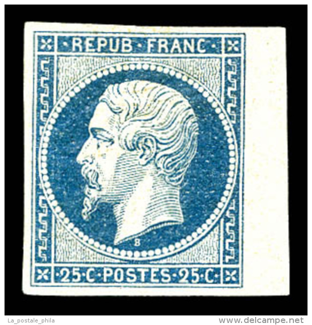 * N&deg;10, 25c Bleu, Quatre Belles Marges, Bord De Feuille Lat&eacute;ral. SUP. R. (certificat)   Cote: 5500 Euros... - 1852 Luigi-Napoleone