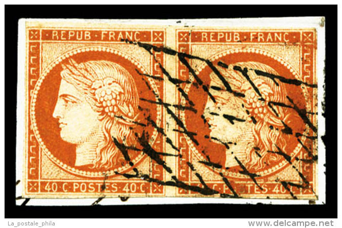 O N&deg;5, 40c Orange En Paire Sur Petit Fragment Oblit&eacute;ration Grille Sans Fin, TB (sign&eacute;... - 1849-1850 Ceres