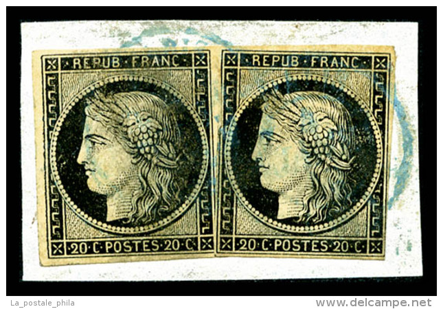O N&deg;3, 20c Noir, Deux Exemplaires Obl Petit Cachet &agrave; Date Bleu Type 15 De Paris Sur Support. SUPERBE.... - 1849-1850 Cérès
