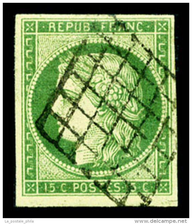 O N&deg;2, 15c Vert, Oblit&eacute;ration Grille, TTB (sign&eacute; Scheller/certificat)   Cote: 1000 Euros  ... - 1849-1850 Cérès