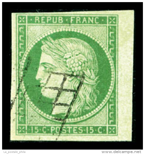 O N&deg;2, 15c Vert, Obl Grille L&eacute;g&egrave;re, Bord De Feuille Lat&eacute;ral, PIECE CHOISIE, SUP... - 1849-1850 Cérès