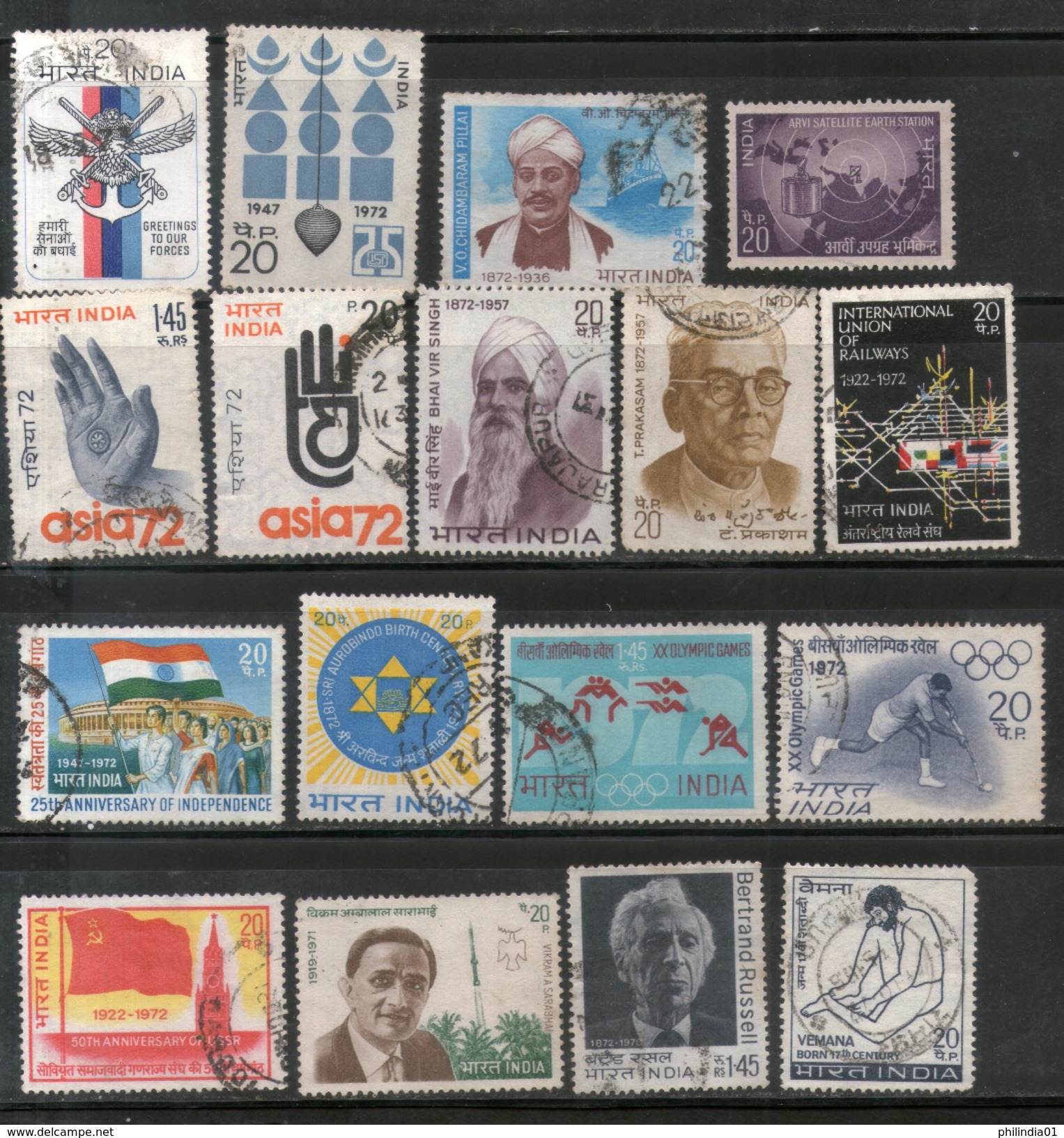 India 1972 Used Year Pack Of 17 Stamps Hockey Railway USSR Russell Olympic Sikhism - Annate Complete