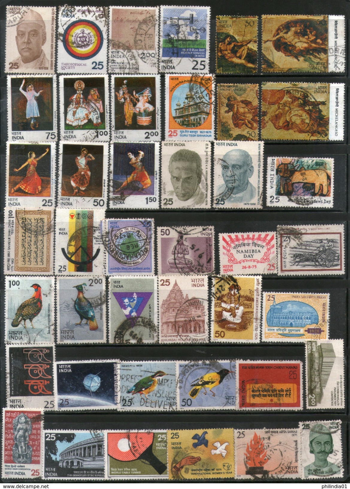 India 1975 Used Year Pack Of 42 Stamps Bird Painting Dance Tennis YMCA Sikhism - Années Complètes