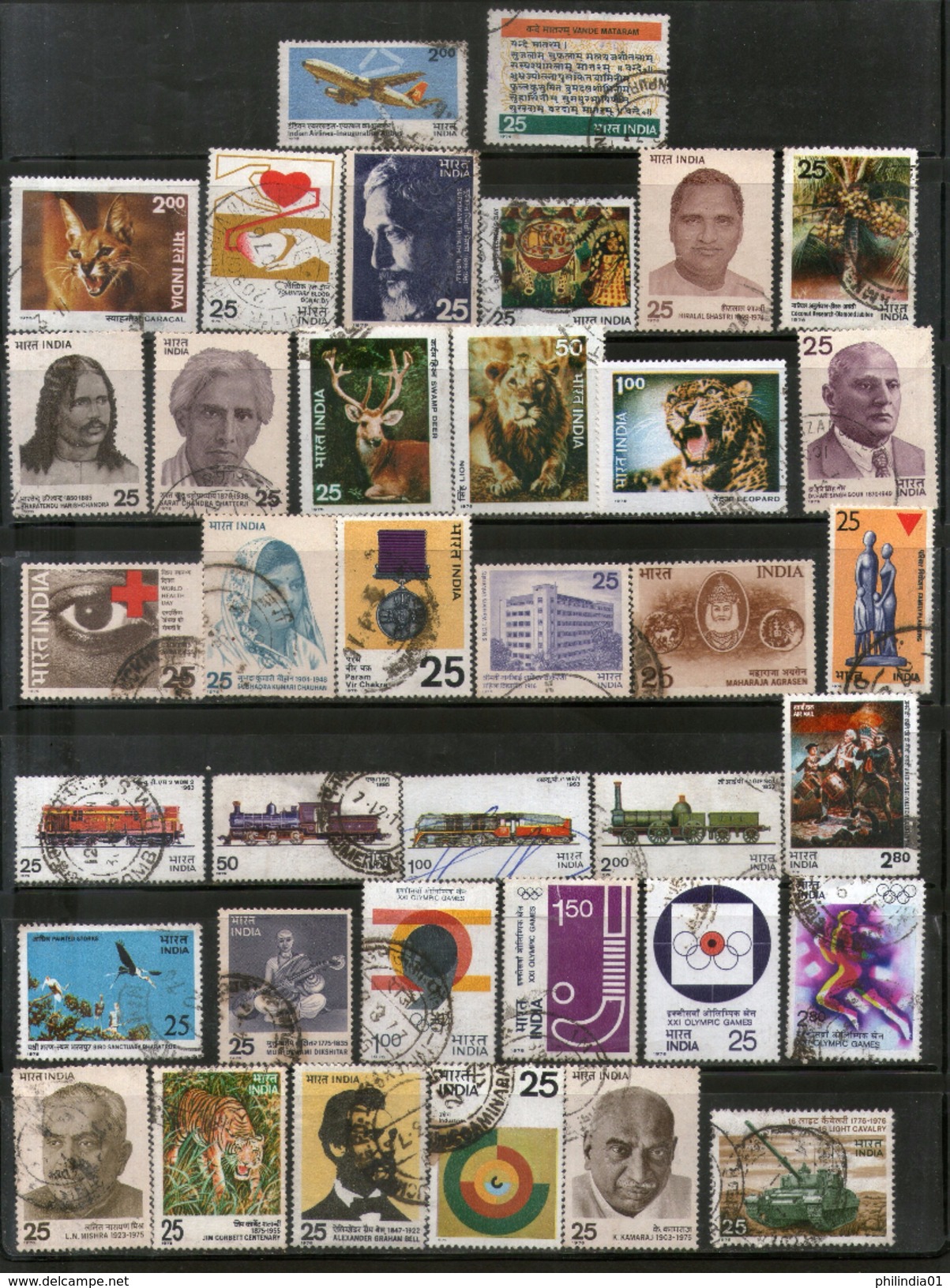 India 1976 Used Year Pack Of 37 Stamps Wildlife Military Health Railway Olympic - Komplette Jahrgänge