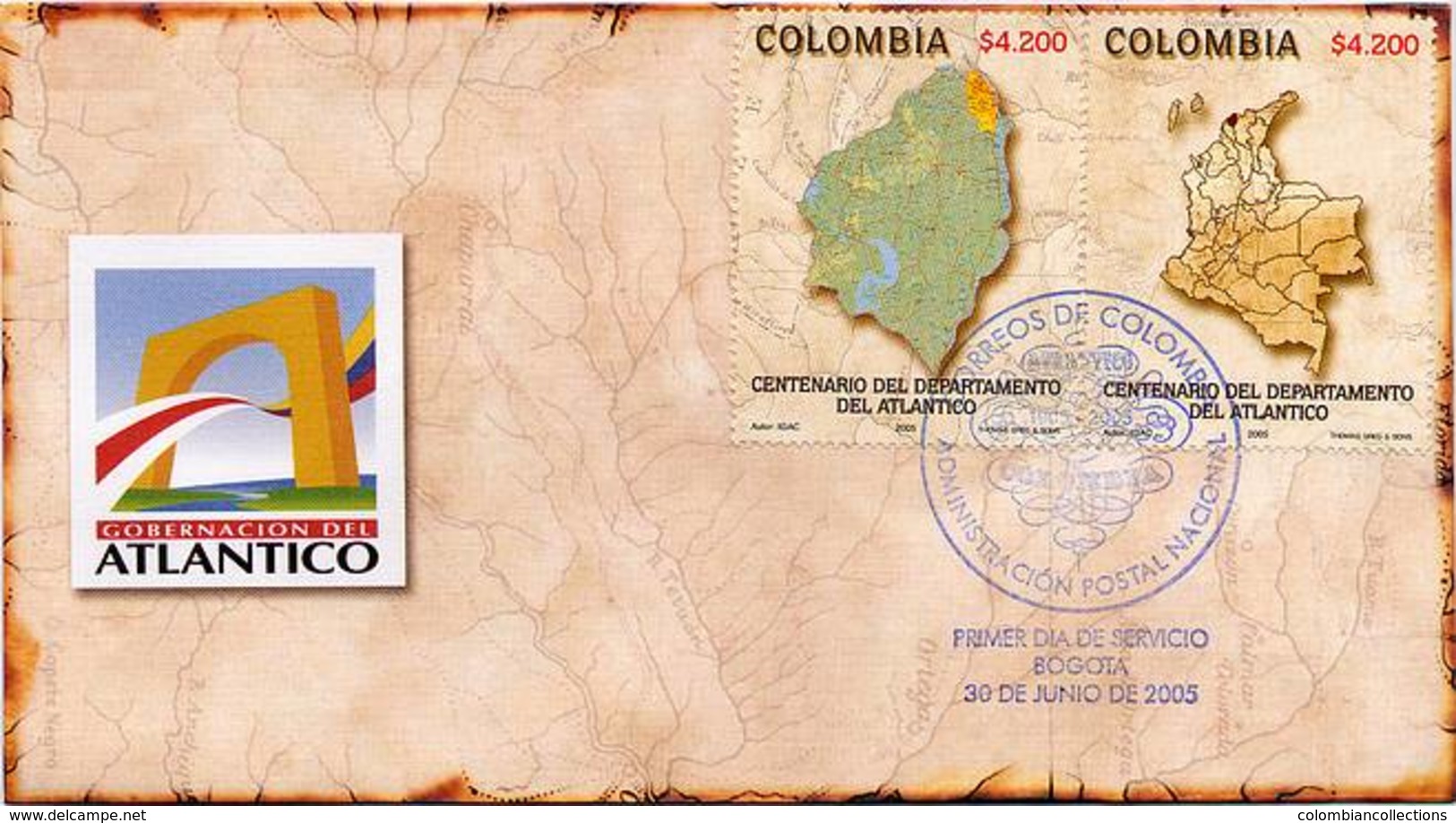 Lote HF63abF, Colombia, 2005, SPD-FDC, Centenario Del Departamento Del Atlantico, Map - Colombia