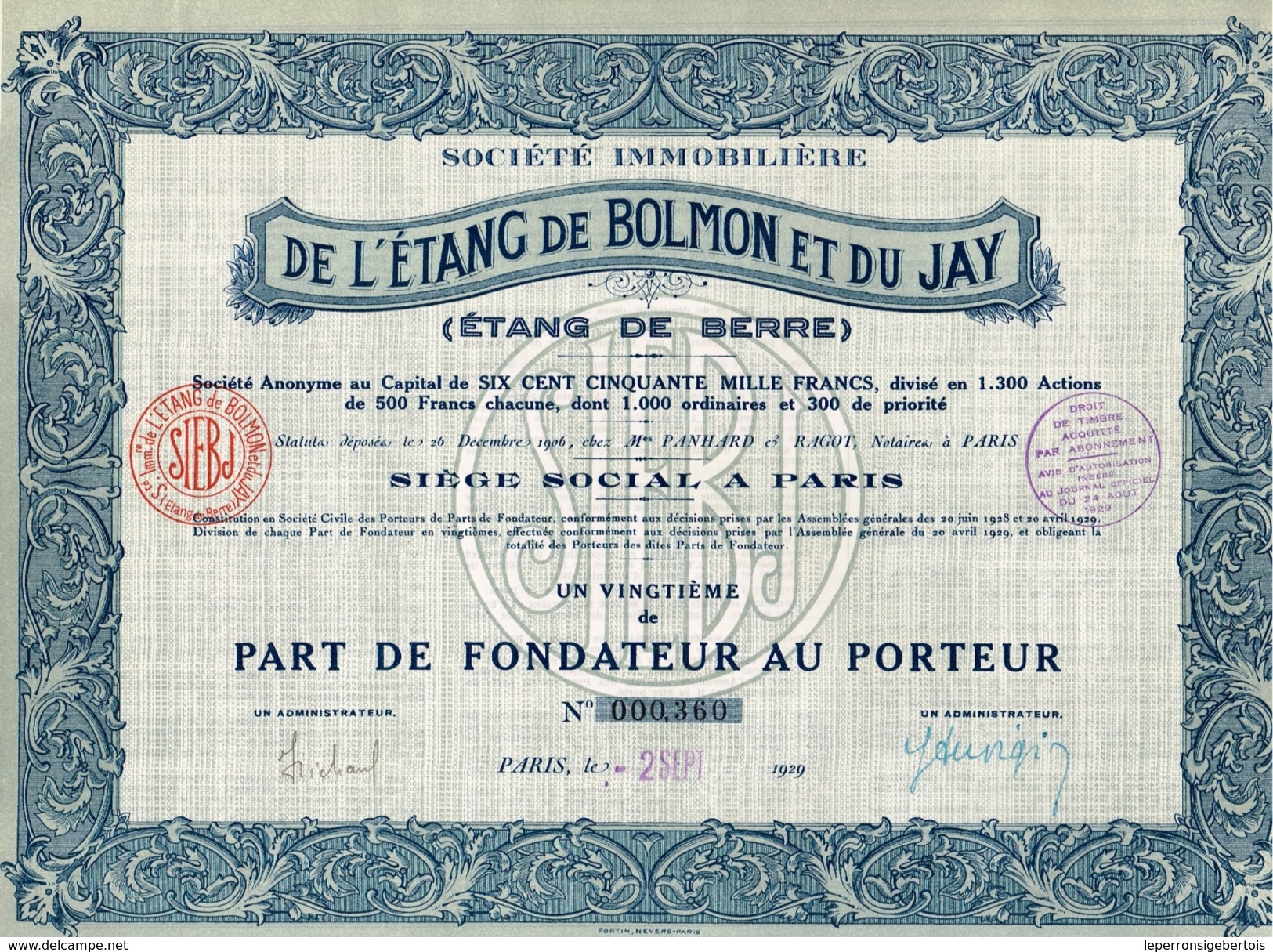 Action Ancienne - Société Immobilière De L' Etang De Bolmon Et Du Jay (Etang De Berre) - Titre De 1929 - Eau