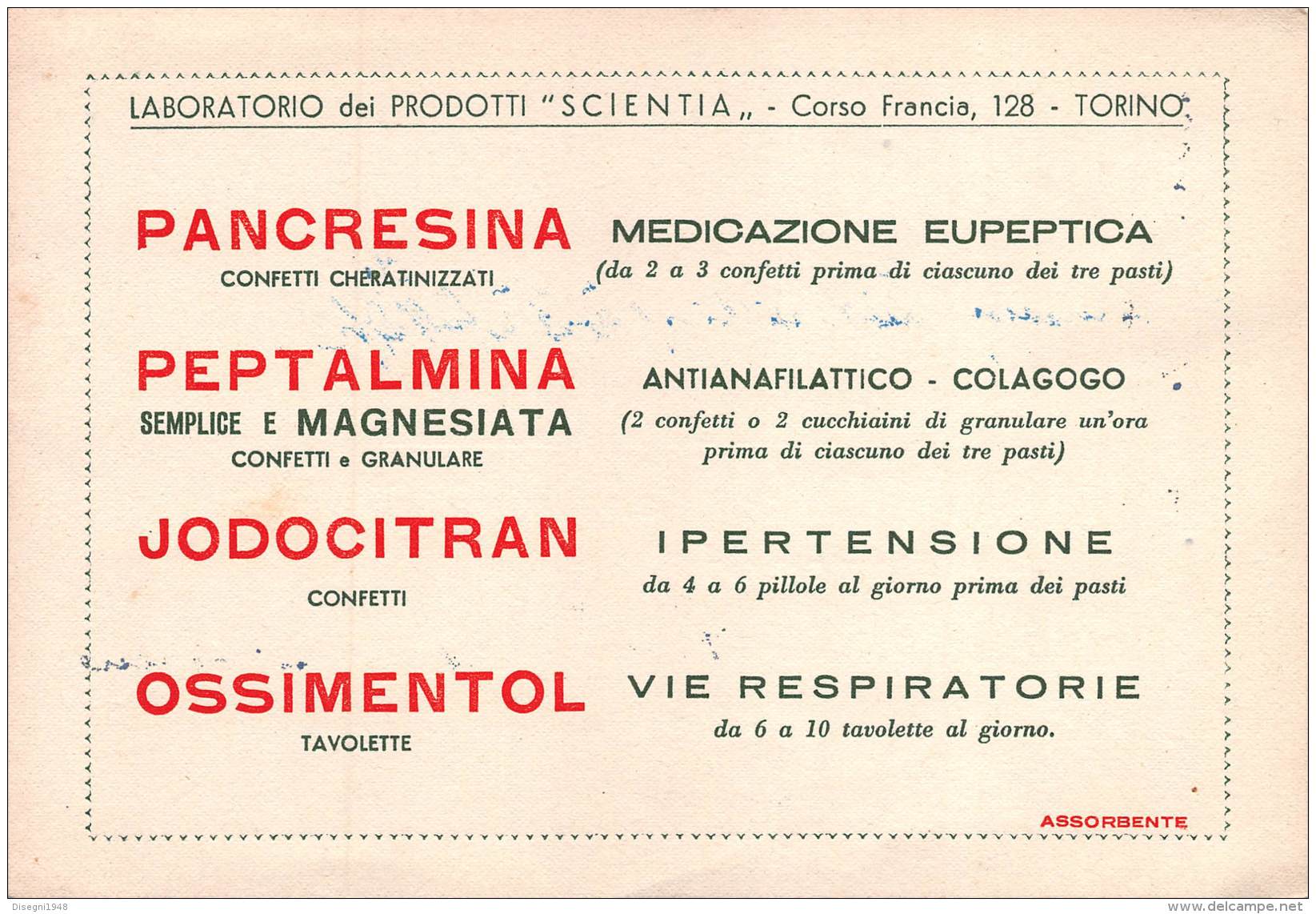 06817 "PANCRESINA - PEPTALMINA - JODOCITRAN - OSSIMENTOL - LAB. SCIENTIA TORINO " CARTA ASSORB. ORIGINALE - Altri & Non Classificati