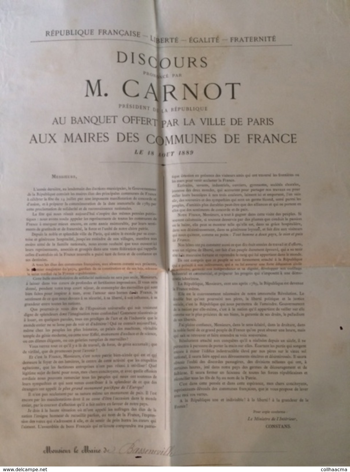 Affiche Basseneville 1889 Discours De M. Carnot Président De La République Banquet Offert à Paris Aux Maires De France - Documents Historiques