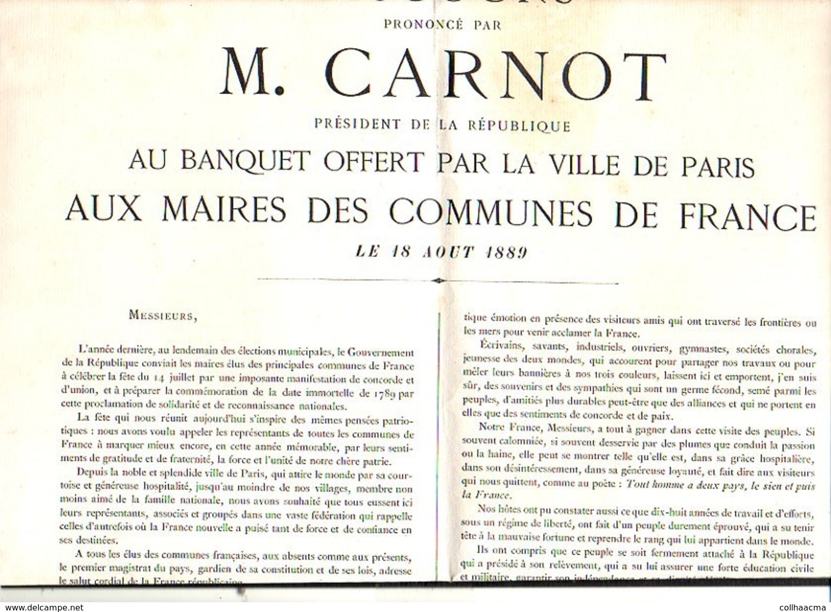 Affiche Basseneville 1889 Discours De M. Carnot Président De La République Banquet Offert à Paris Aux Maires De France - Documents Historiques