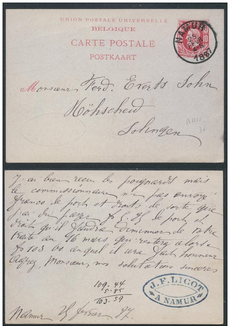 AO670 Entier De Namur à Solingen Germany 1887 - Cartes Postales 1871-1909