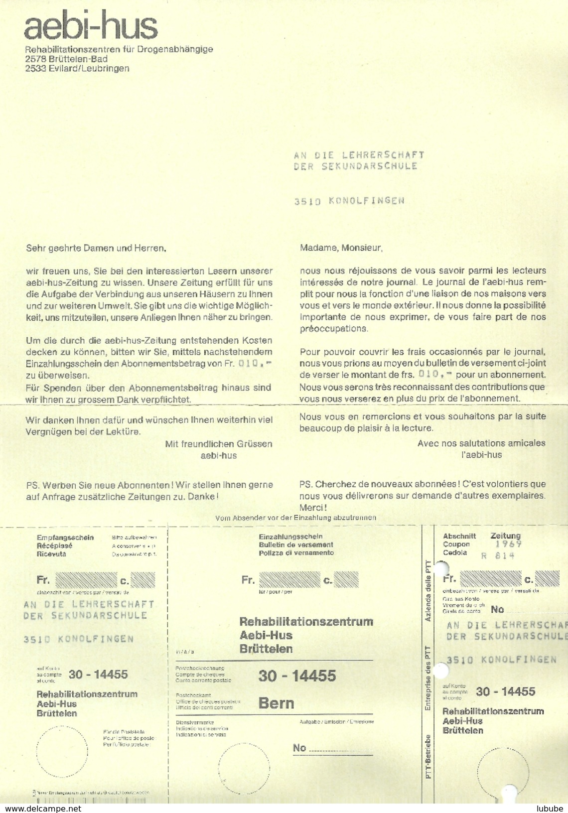 Rechnung  "Aebi Hus, Rehabilitationszentren Für Drogenabhängige, Brüttelen / Leubringen"          1969 - Schweiz