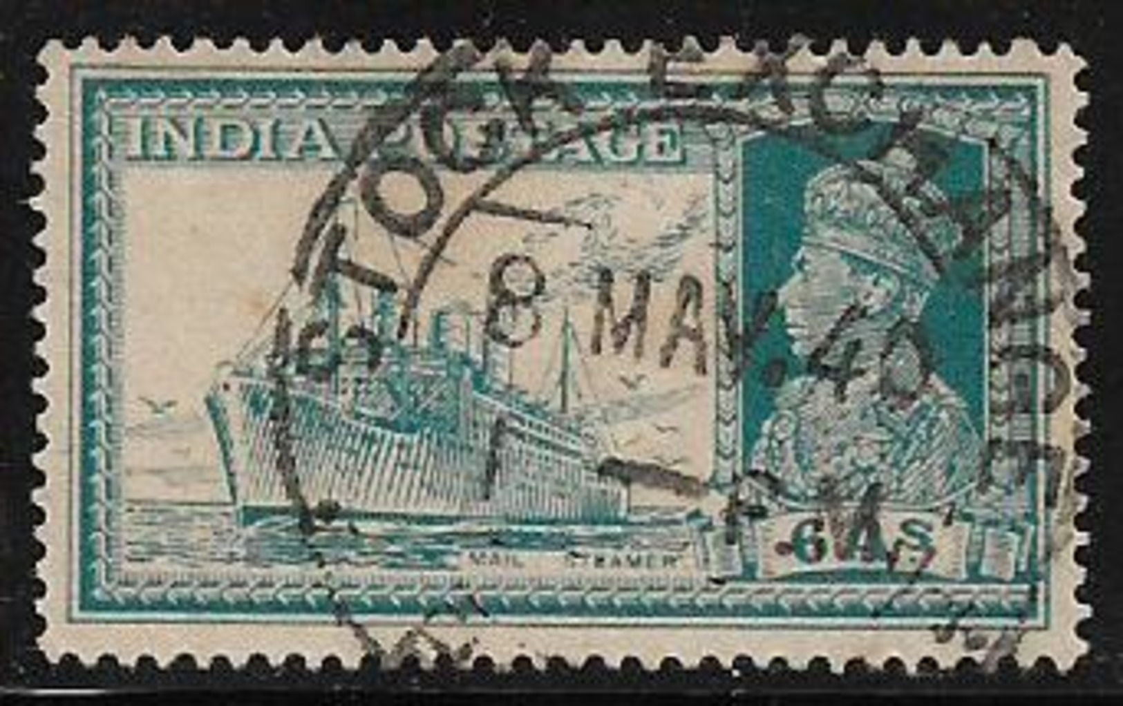 British India Commonwealth Transport Mail Steamer Ship George KGVI 6 Annas Used Stamp # AR:46 - 1936-47 King George VI