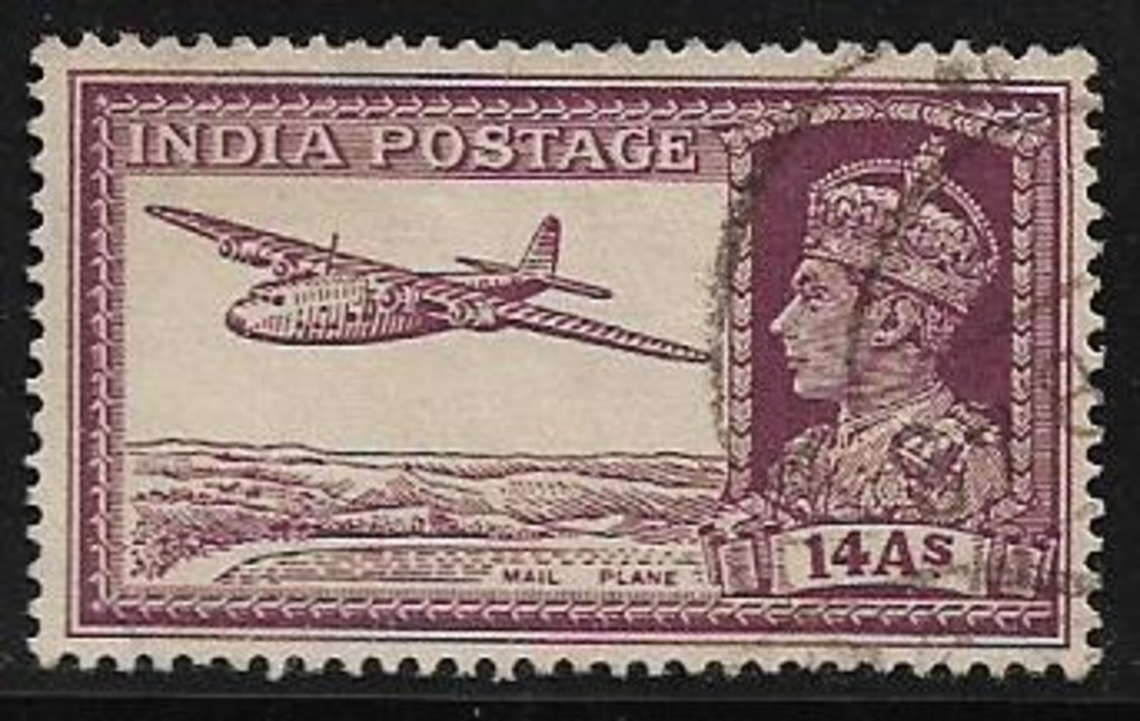 British India Commonwealth Transport Mail Aeroplane George KGVI 14 Annas Used Stamp # AR:46 - 1936-47 King George VI