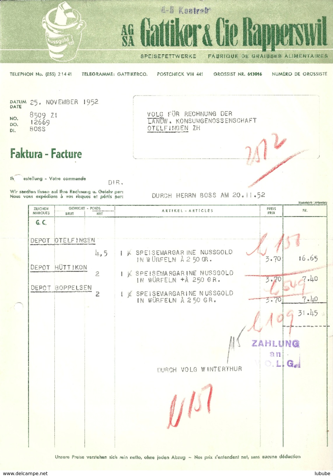 Rechnung  "Gattker & Cie., Speisefettwerke "Nussgold", Rapperswil"          1952 - Suisse