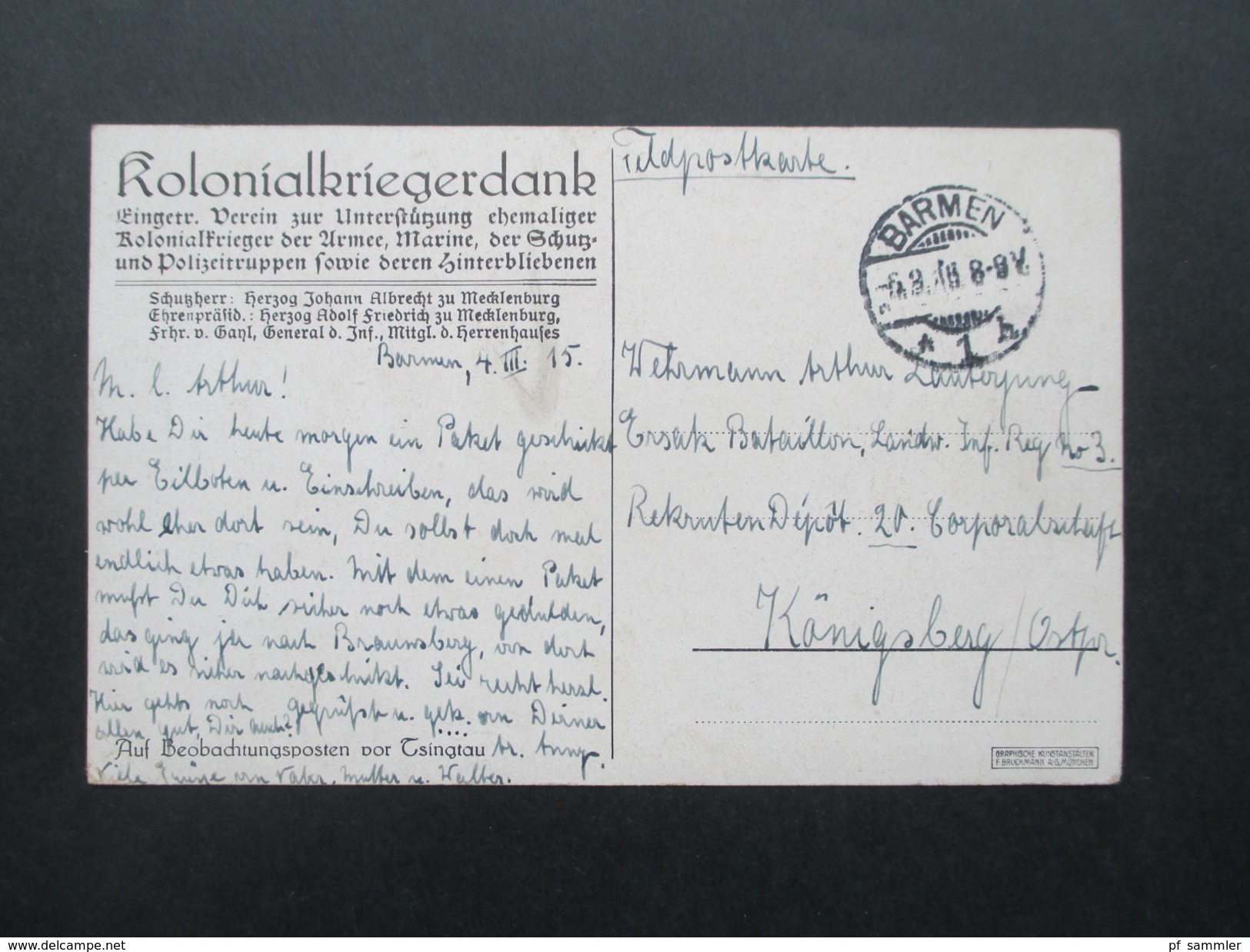 AK Künstlerkarte Kolonialkriegerdank. Auf Beobachtungsposten Vor Tsingtau. Feldpost 1915 Barmen - Königsberg Ostpreußen - Ehemalige Dt. Kolonien