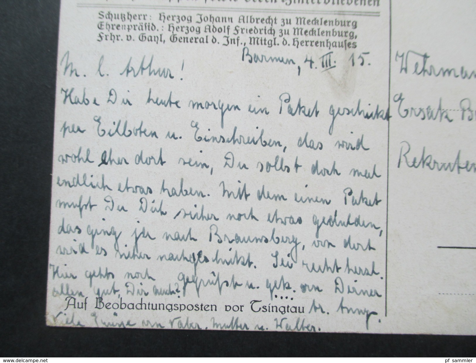 AK Künstlerkarte Kolonialkriegerdank. Auf Beobachtungsposten Vor Tsingtau. Feldpost 1915 Barmen - Königsberg Ostpreußen - Ehemalige Dt. Kolonien