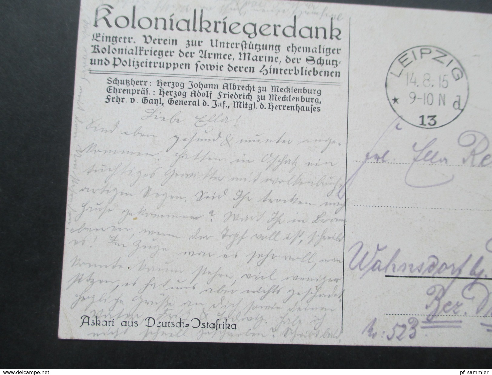 AK Künstlerkarte Kolonialkriegerdank. Askari Aus Deutsch - Ostafrika.Verwendet In Leipzig Nach Wahnsdorf Bei Reichenberg - Ehemalige Dt. Kolonien