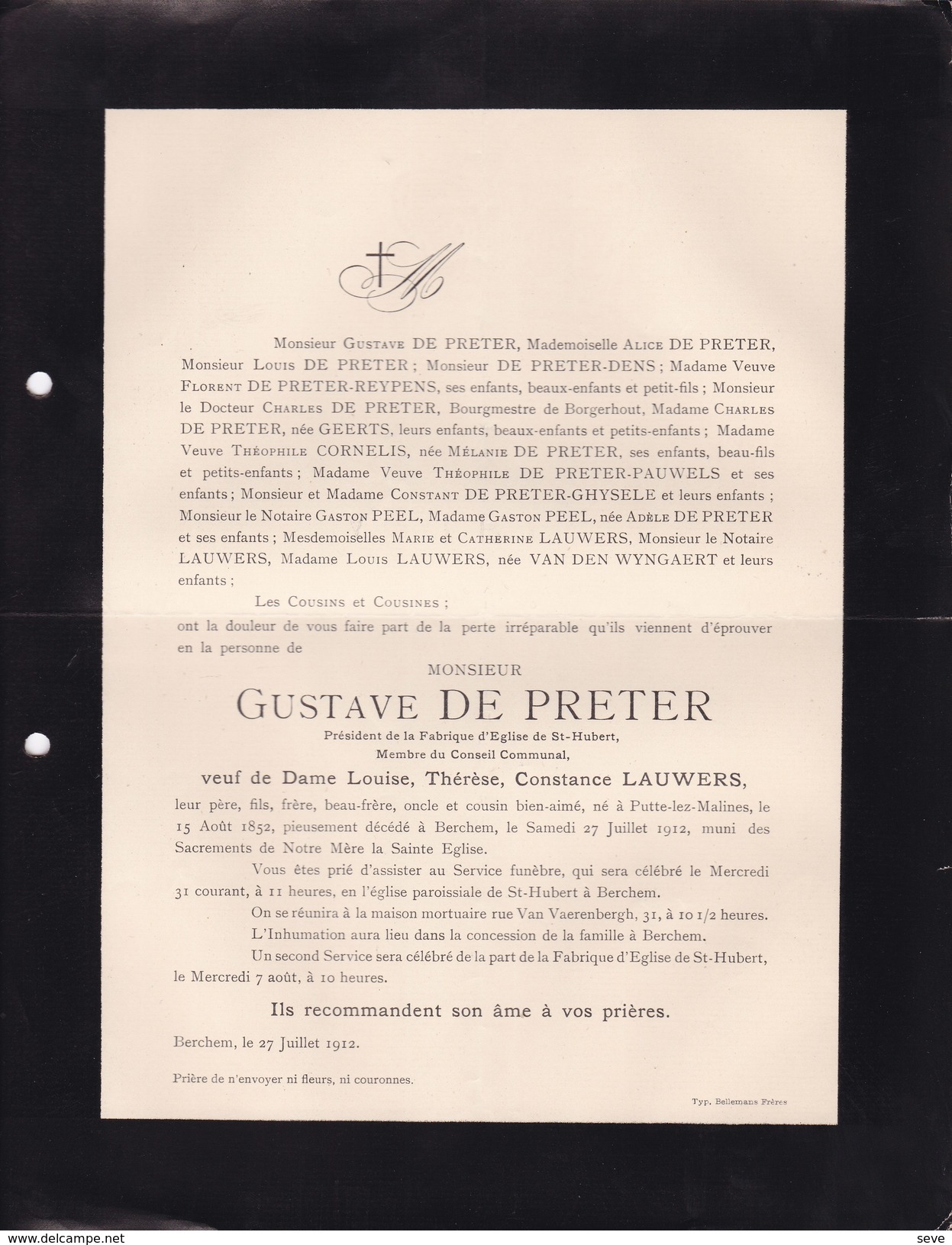 PUTTE BERCHEM Gustave DE PRETER Veuf LAUWERS 1852-1912 Conseiller Communal Doodsbrief - Décès