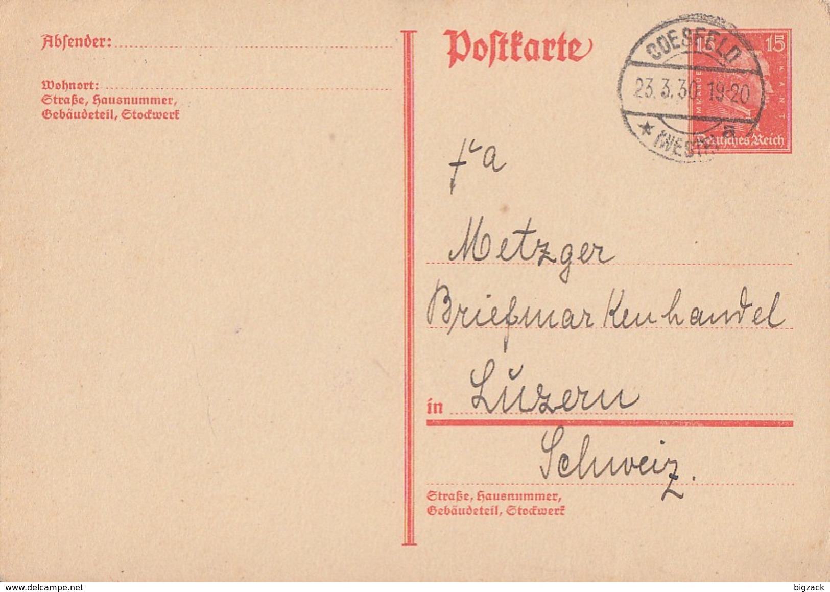 DR Ganzsache Minr.P171 Coesfeld 23.3.30 Gel. In Schweiz - Briefe U. Dokumente