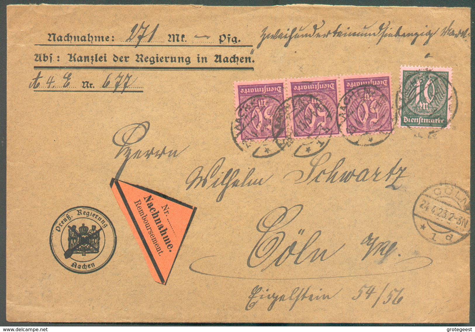 NACHNAME BRIEF (remboursement) From AACHEN 24-4-1923 To Cöln - 11968 - Briefe U. Dokumente