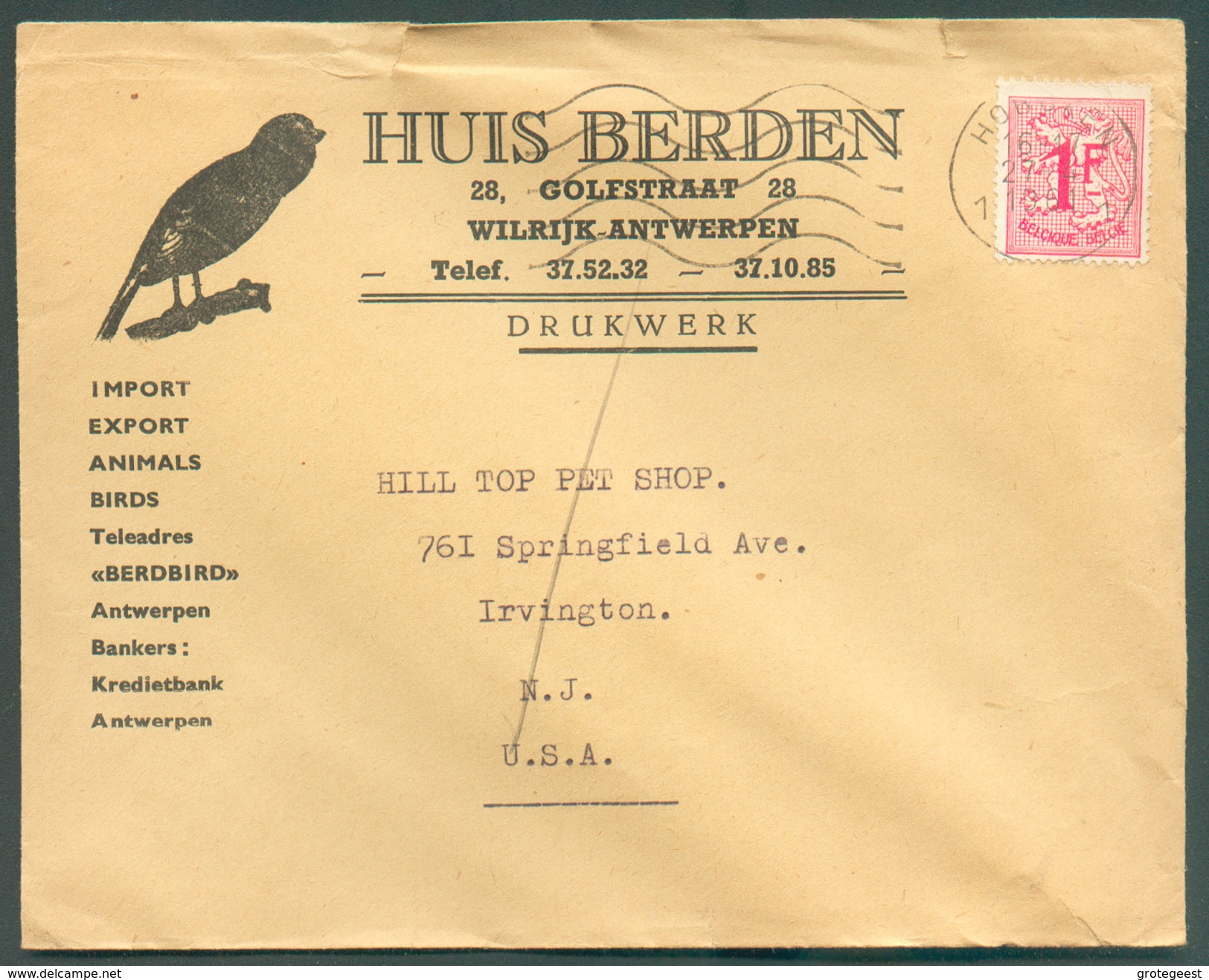 BELGIUM BIRD Env. Illustrated HUIS BERDEN  Franked 1F LION  Cancelled HOBOKEN To USA- 11978 - Songbirds & Tree Dwellers