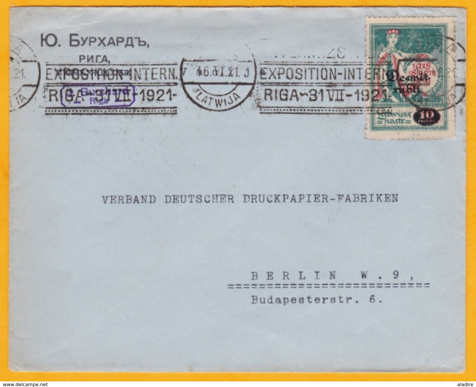 1921 - Enveloppe De Riga, Lettonie Vers Berlin, Allemagne - Oblitération Mécanique Spéciale Exposition Internationale - Lettonie