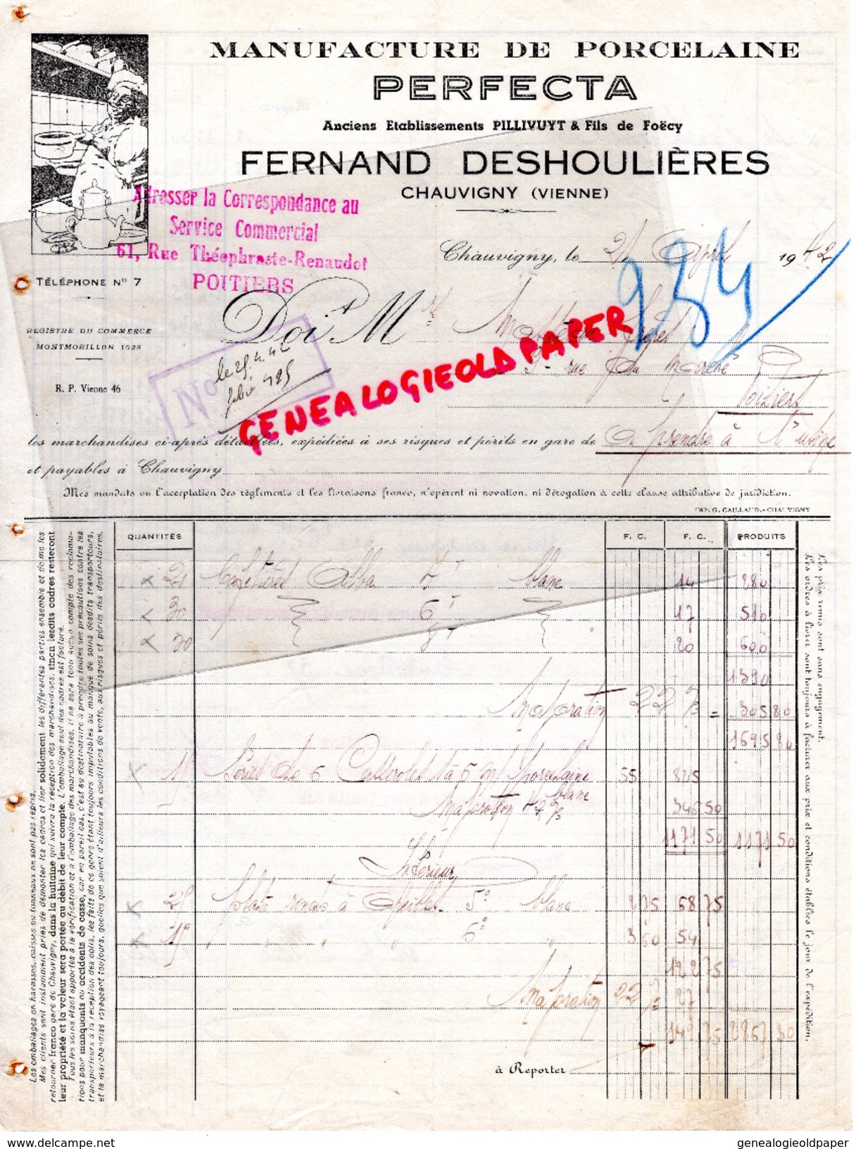 86- CHAUVIGNY- FACTURE FERNAND DESHOULIERES- MANUFACTURE PORCELAINE- PERFECTA- PILLIVUYT & FILS DE FOECY- 1942 - Petits Métiers