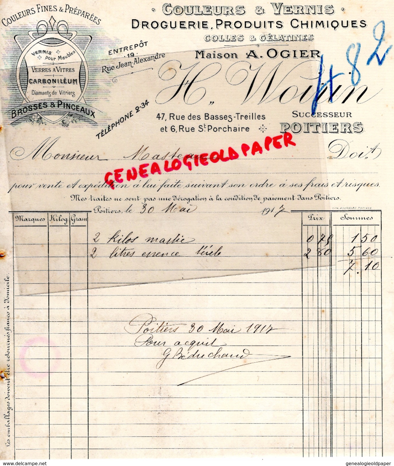 86- POITIERS- FACTURE A. OGIER- H. WOIRIN- DROGUERIE PRODUITS CHIMIQUES- 47 RUE BASSES TREILLES-6 RUE ST PORCHAIRE- 1917 - Petits Métiers