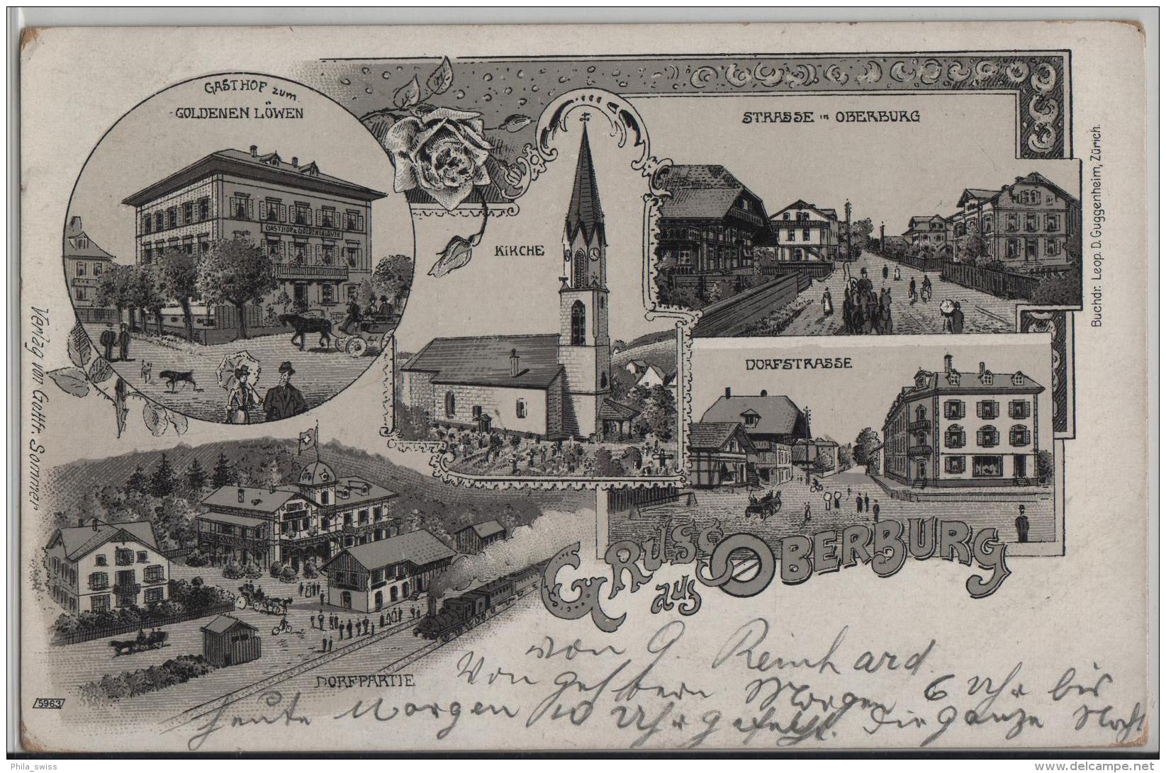 Gruss Aus Oberburg - Gasthof Löwen, Kirche, Dorfstrasse, Bahnhof - Litho Leop. Guggenheim No. 5963 - Oberburg